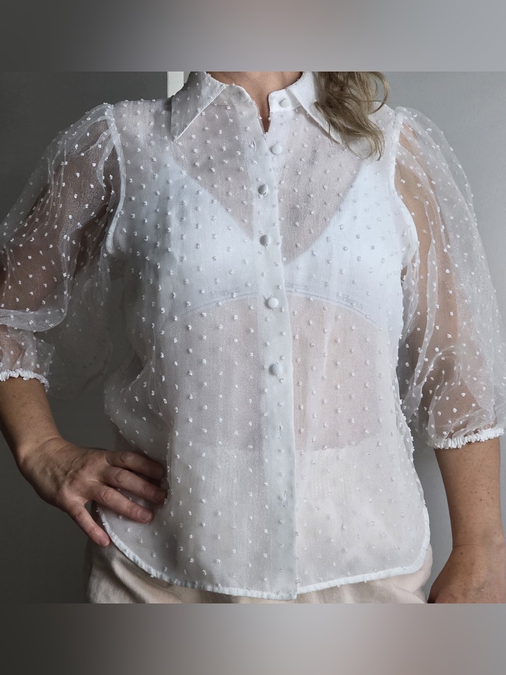 ZARA White Sheer Dot-Textured Women Button-Up Blouse